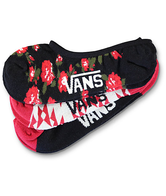 Vans 3 Pack Canoodle Tribal & Floral, Black & Red No Show Socks Zumiez