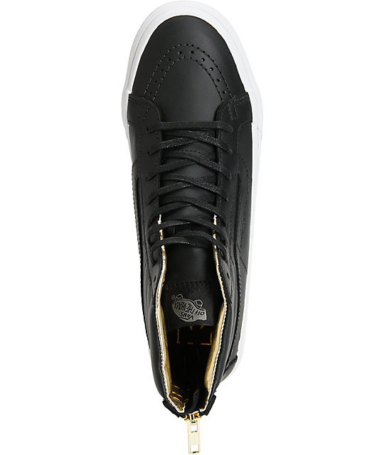 black leather vans with gold zipper