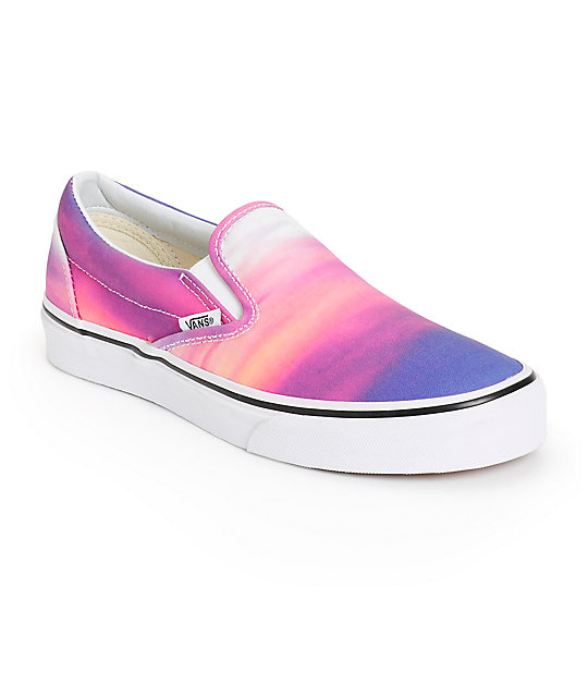 purple and white slip on vans