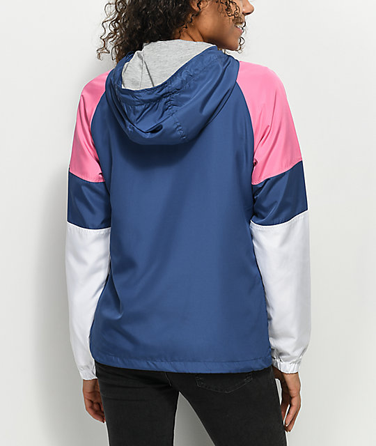 dark blue light blue and white windbreaker