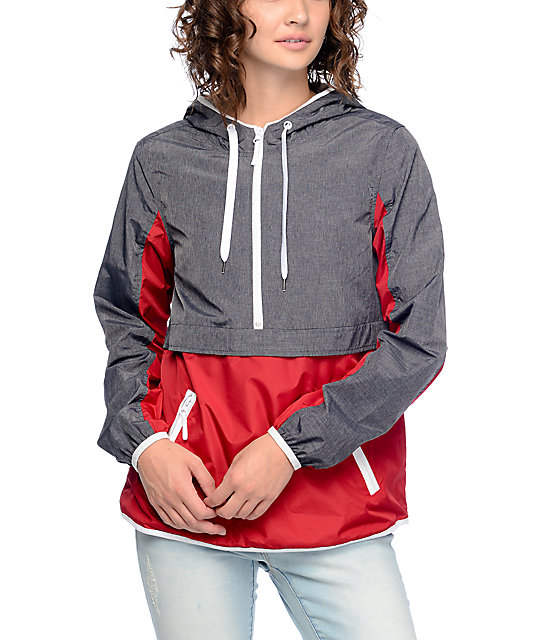 Zine Myla Grey & Red Pullover Windbreaker Jacket Zumiez