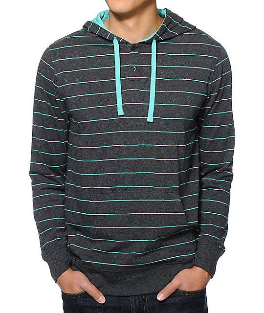 Zine Otherside Charcoal & Teal Stripe Hooded Henley Shirt Zumiez