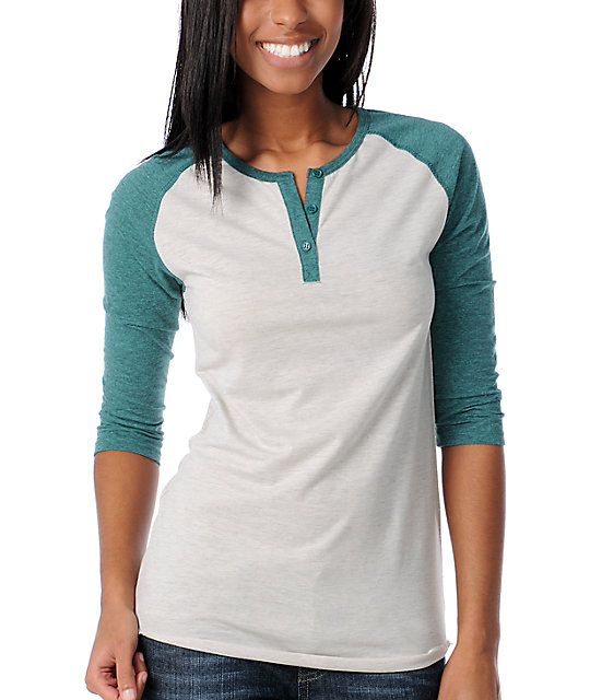 teal and white baseball tee