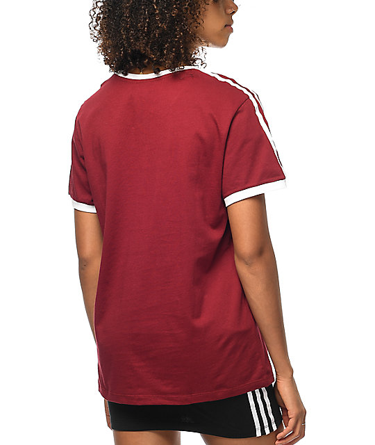 adidas burgundy 3 stripe t shirt