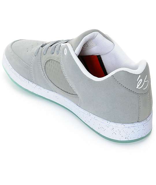 eS Accel Slim Grey, White & Ice Suede Skate Shoes Zumiez
