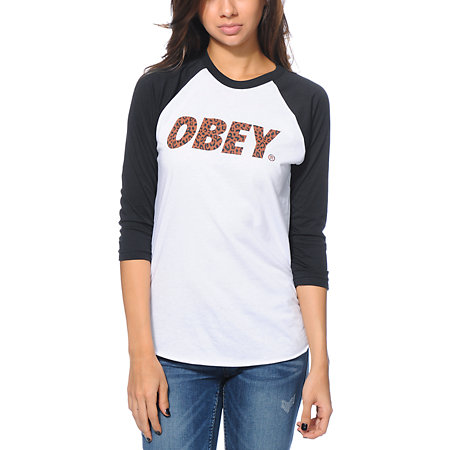 Obey Cheetah Font White & Black Baseball Tee at Zumiez : PDP