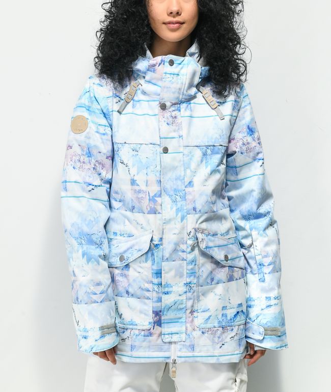ROXY Womens Ski Jacket Blue White Snowflake Dry Flight 10K Sz L EUC Faux Fur
