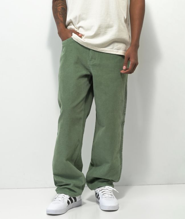 Grey Cable Sweater with Dark Green Corduroy Pants Outfits For Men