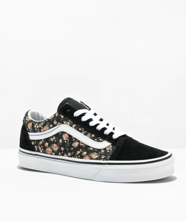 Vans old skool black & cheap white checkered floral skate shoes