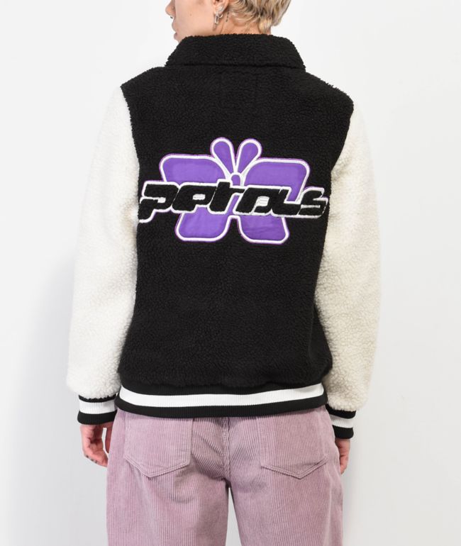 Petals by Petals & Peacocks Black & White Sherpa Varsity Jacket - Petals and Peacocks