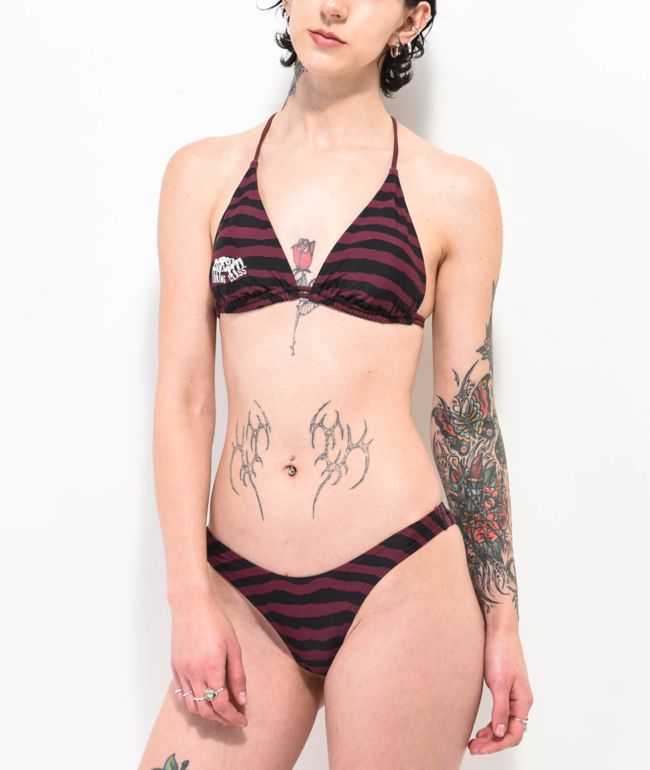 Lurking Class by Sketchy Tank Terror Eyes Burgundy Stripe High Leg Bikini Bottom - Lurking Class by Sketchy Tank