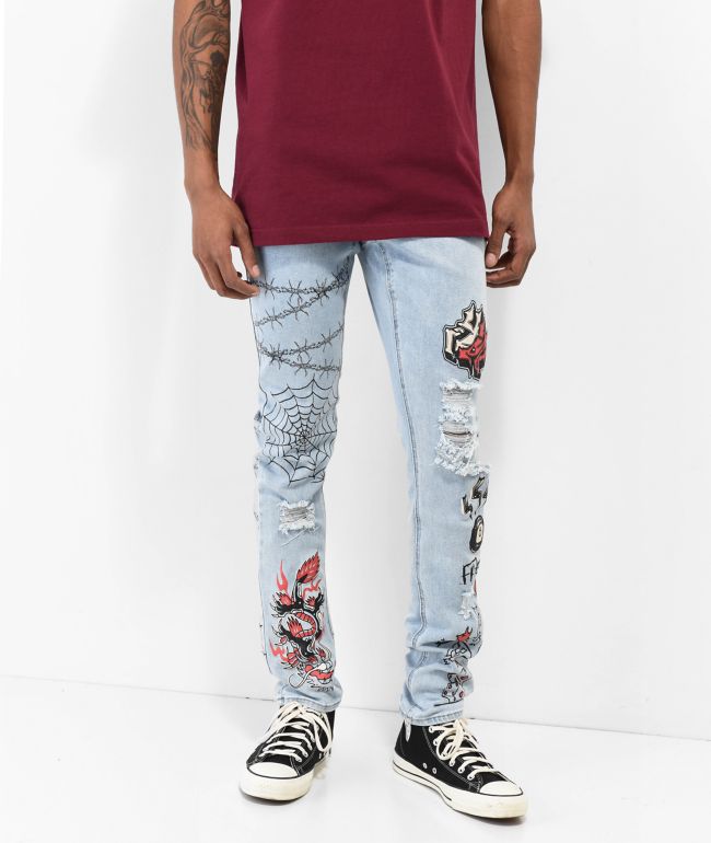 Pockets & Chains Red Washed Skinny Jeans