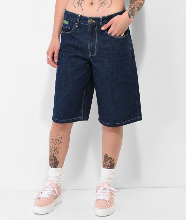 【MUCENT】 SLAP PIGMENT WASHING L LOGO DENIM SHORTS MUCENT - SLAP PIGMENT WASHING METAL LOGO DENIM Faded SHORTS