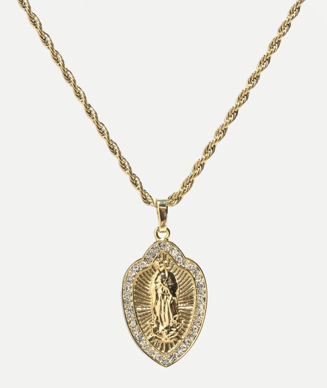 Saint Midas Guadalupe Crystal Pendant 20" Gold Chain Necklace