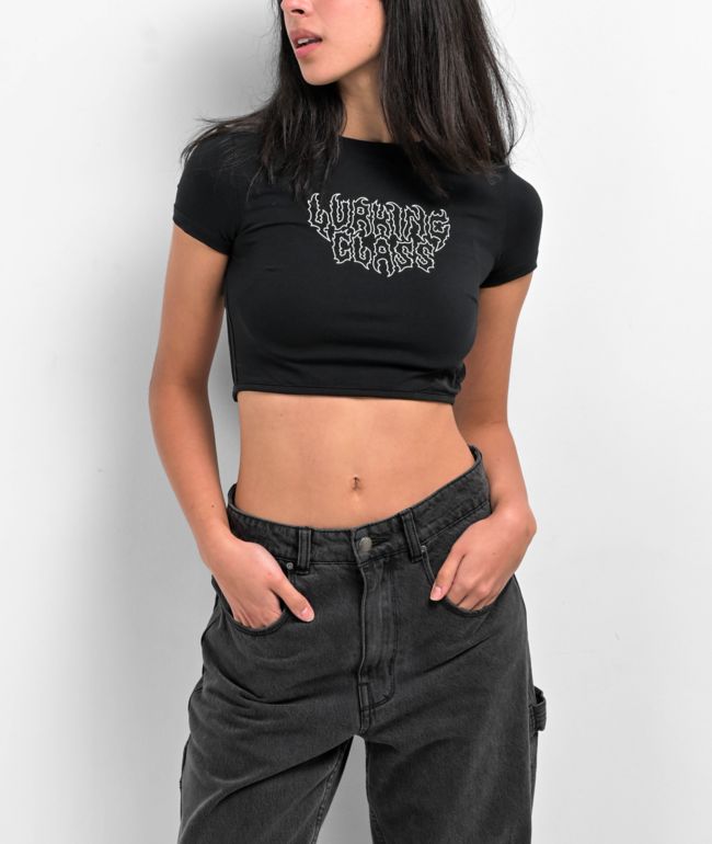 ★HURJABOYACC★ CROP T-SHIRTS GREY WINGS SWIXXZ Rhinestone Wings Grey Crop T-Shirt | Zumiez