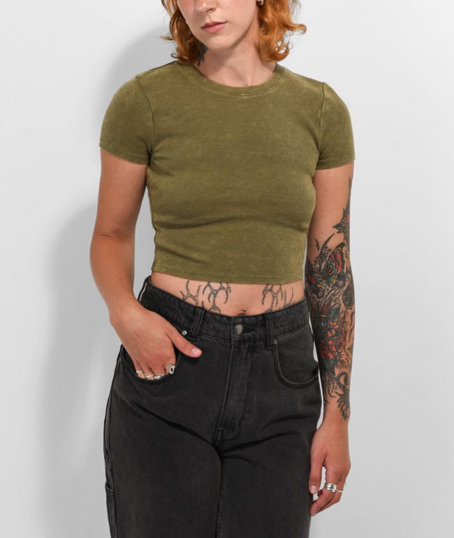 Ninth Hall Fundamentals Shawnie Olive Wash Fitted Crop T-Shirt - Ninth Hall Fundamentals