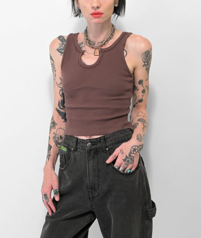 Zine Colbie Brown Ruched Side Tank Top