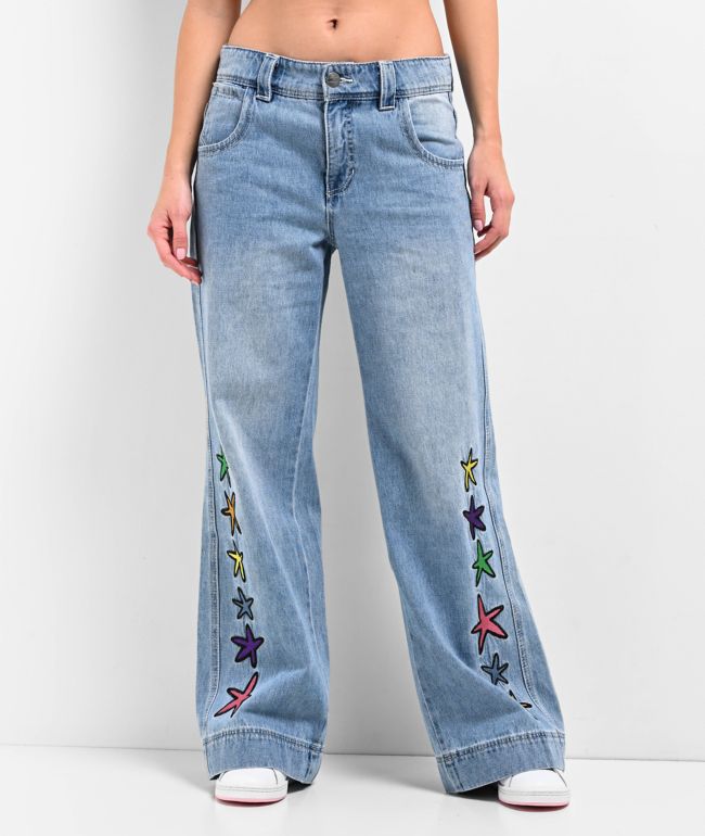 Wide-Leg Jeans with Embroidered Flowers, for Girls - black dark