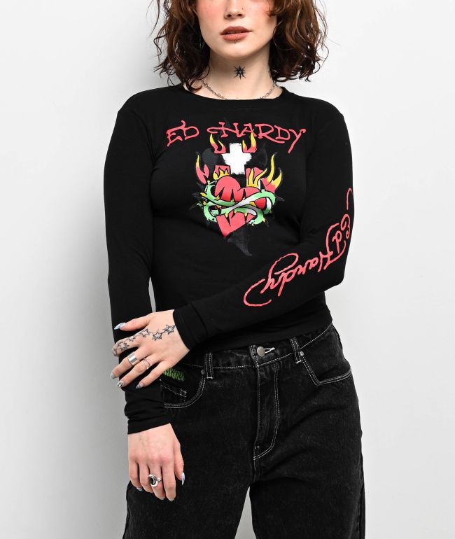 Ed Hardy Flaming Tiger Black Long Sleeve Crop T-Shirt