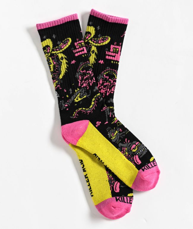 Killer Acid Trippy Dog Black, Yellow, & Pink Crew Socks - Killer Acid