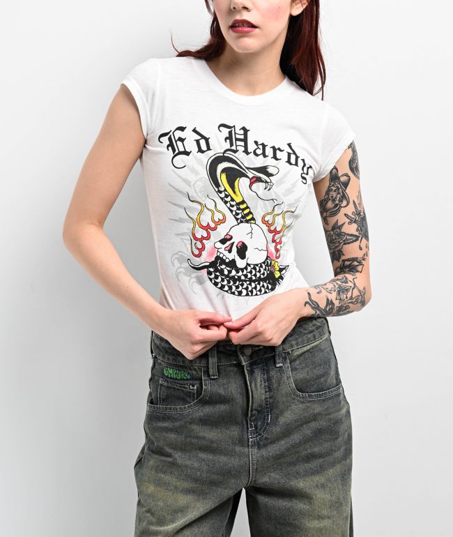 [Ed Hardy]* Cobra * コブラ Tシャツ Ed Hardy Cobra Skull Beige & Cream 2fer Long Sleeve T-Shirt
