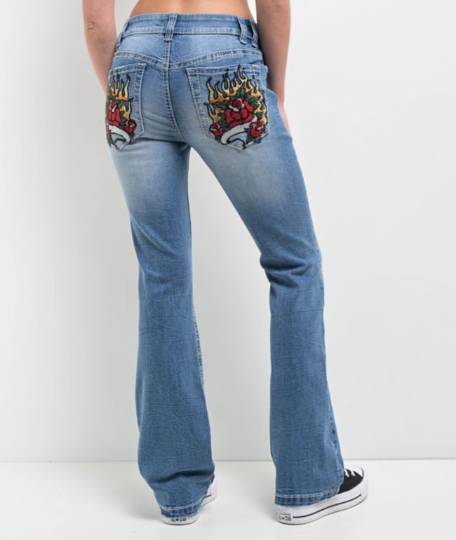 Ninth Hall Alyssia Rose Rhinestone Blue Wash Bootcut Jeans - Ninth Hall
