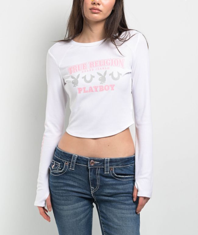 True Religion x Playboy Logo White Long Sleeve Crop T-Shirt - True Religion