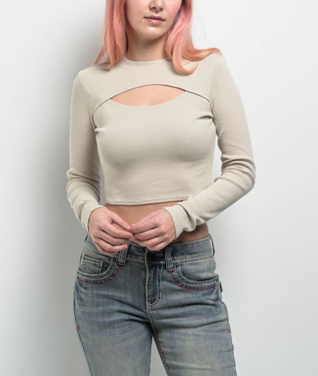Ninth Hall Fundamentals Krystie Beige Cutout Long Sleeve Crop T-Shirt - Ninth Hall Fundamentals
