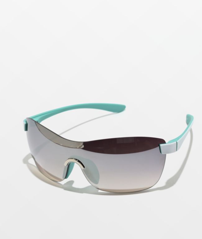 Shield-Esque Silver, White & Blue Sunglasses - Eyeking