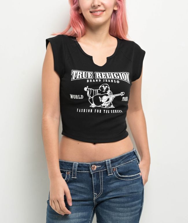 True Religion Buddha Logo Notch Rib Black Crop T-Shirt - True Religion