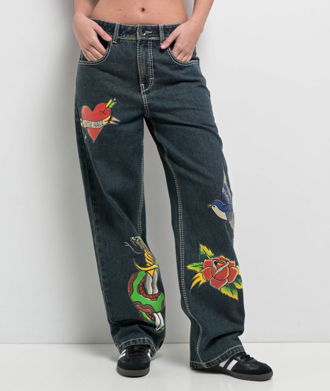 ★送料・関税込み★【Ed Hardy】Eagle Snakeストレート ジーンズ Ed Hardy Eagle Snake Slim Straight Y2K Med Blue Denim Jeans