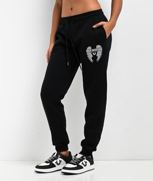True Religion Retro Crystal Logo Black High Rise Jogger Sweatpants Zumiez