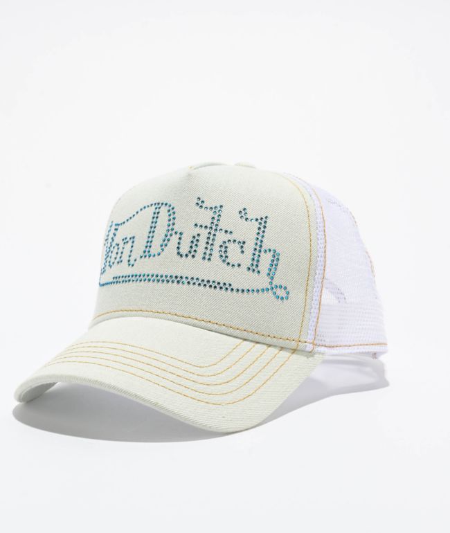 【Von Dutch】 Logo Blue Denim/Olive Green キャップ 帽子 Von Dutch Tagged Denim & Green Trucker Hat | Zumiez