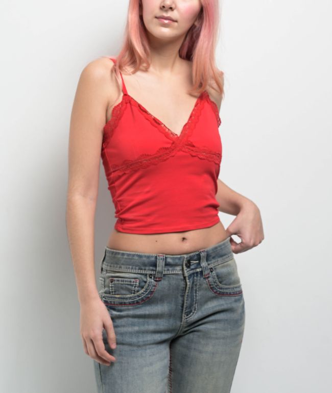 Freeworld Ellouise Lace V Red Crop Tank Top - Freeworld