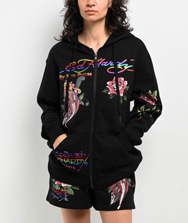Ed Hardy x Kim Petras ショートパンツ＆フーディ 黒 /送料無料 Ed Hardy x Kim Petras Dagger Girl Black Sweat Shorts | Zumiez