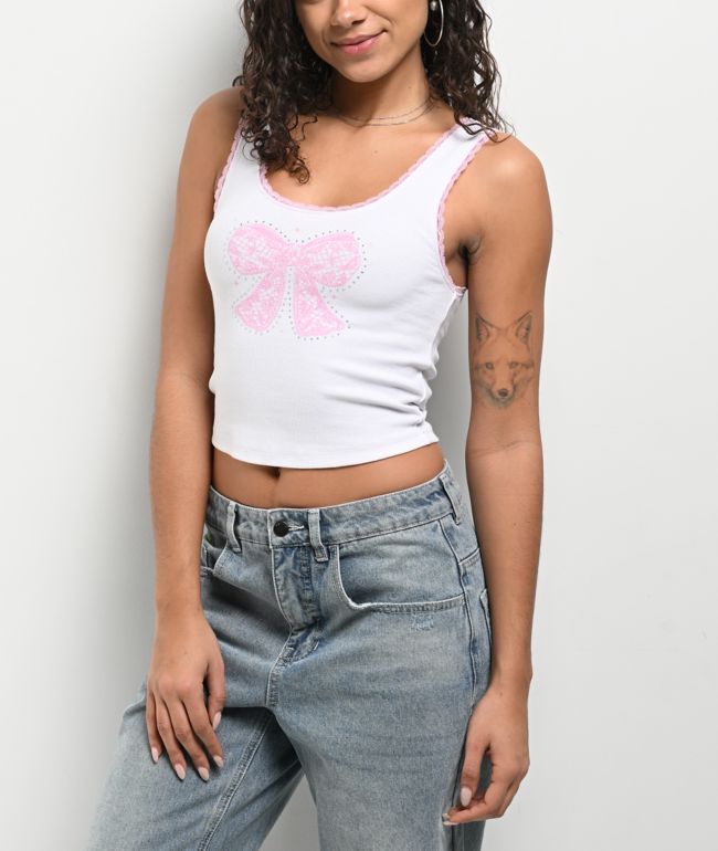 Freeworld Zaylee Pink Bow Rhinestone White Tank Top - Freeworld