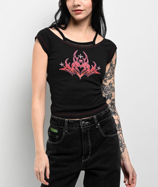 Vitriol Keeli Off Shoulder Black 2fer T-Shirt - Vitriol