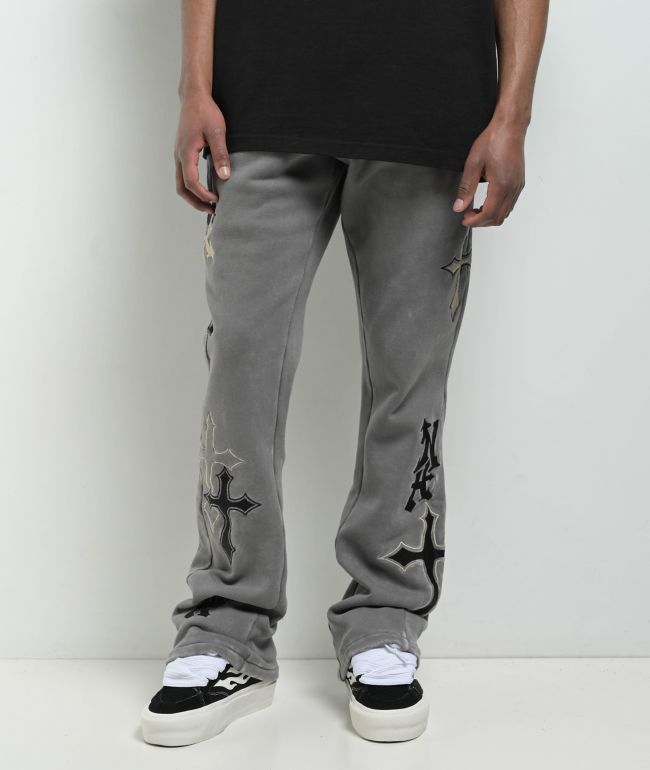 Ninth Hall Crosses Grey Wash Stacked Flare Sweatpants - Ninth Hall
