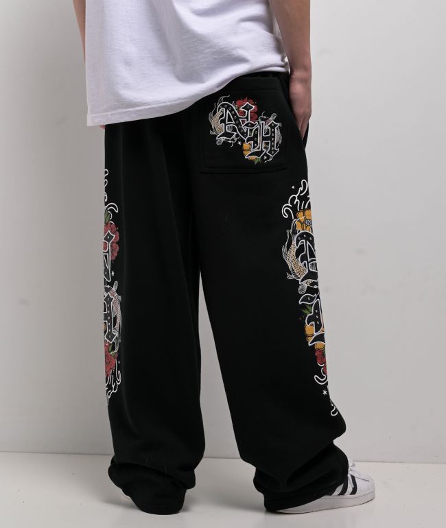 Ninth Hall Side Embroidered Black Oversized Sweatpants