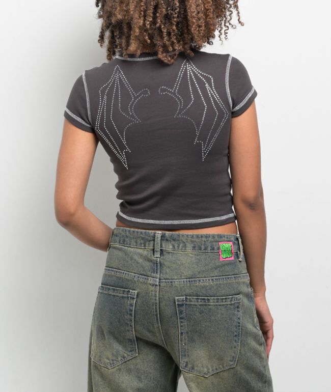 SWIXXZ Rhinestone Wings Grey Crop T-Shirt - SWIXXZ