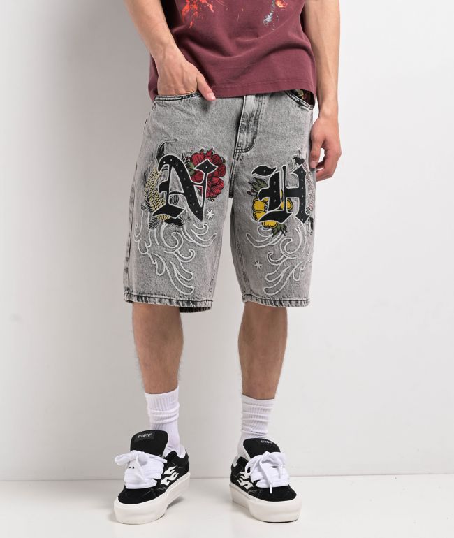 Ninth Hall Waylay Embroidered Grey Wash Denim Shorts - Ninth Hall