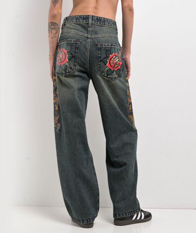 ★送料・関税込み★【Ed Hardy】Eagle Snakeストレート ジーンズ Ed Hardy Eagle Snake Slim Straight Y2K Med Blue Denim Jeans