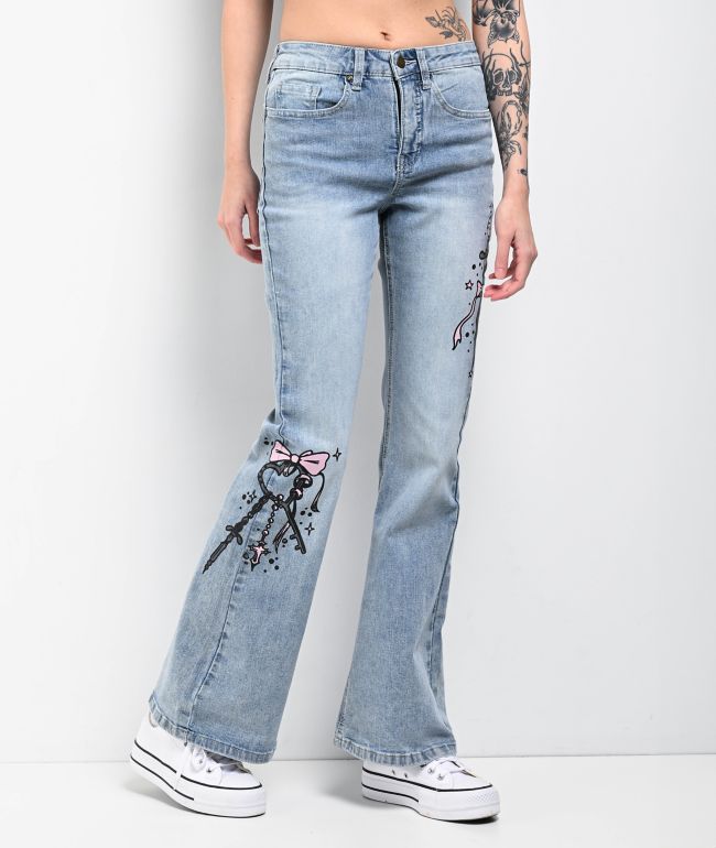 Empyre Glimmer Blossom Printed Light Blue Wash Mid Rise Flare Jeans - Empyre