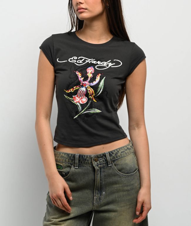 Ed Hardy Orchid Rhinestone Charcoal Cap Sleeve T-Shirt