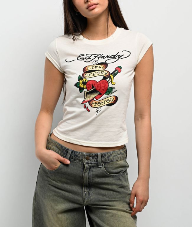 Ed Hardy Heart Sword Rhinestone Natural Crop T-Shirt