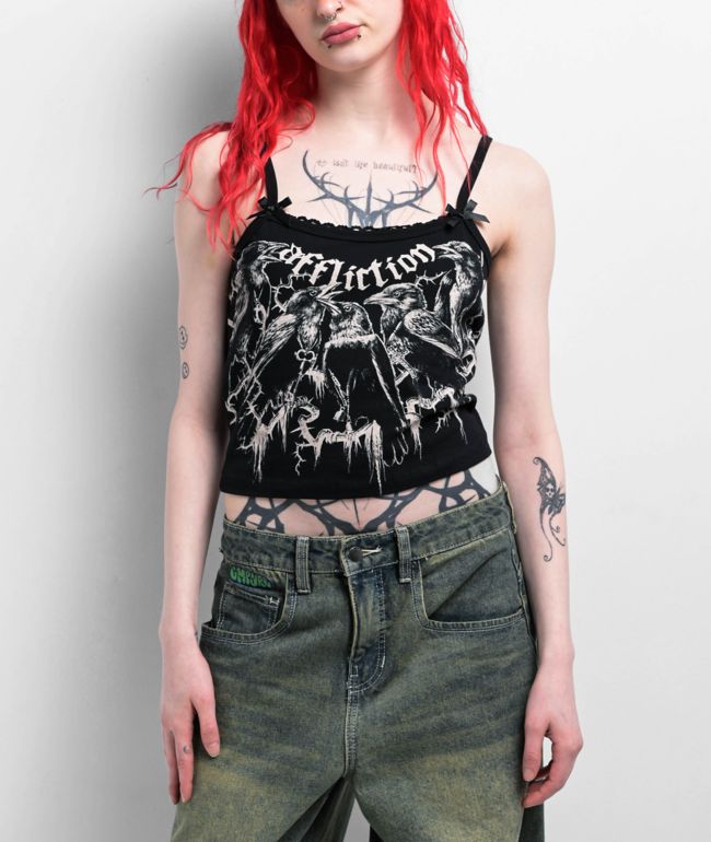 Affliction Crows Black Lace Crop Tank Top - Affliction