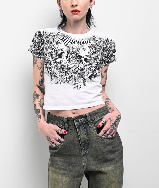 Ed Hardy Cobra Flame Burnout White Crop T-Shirt | Zumiez