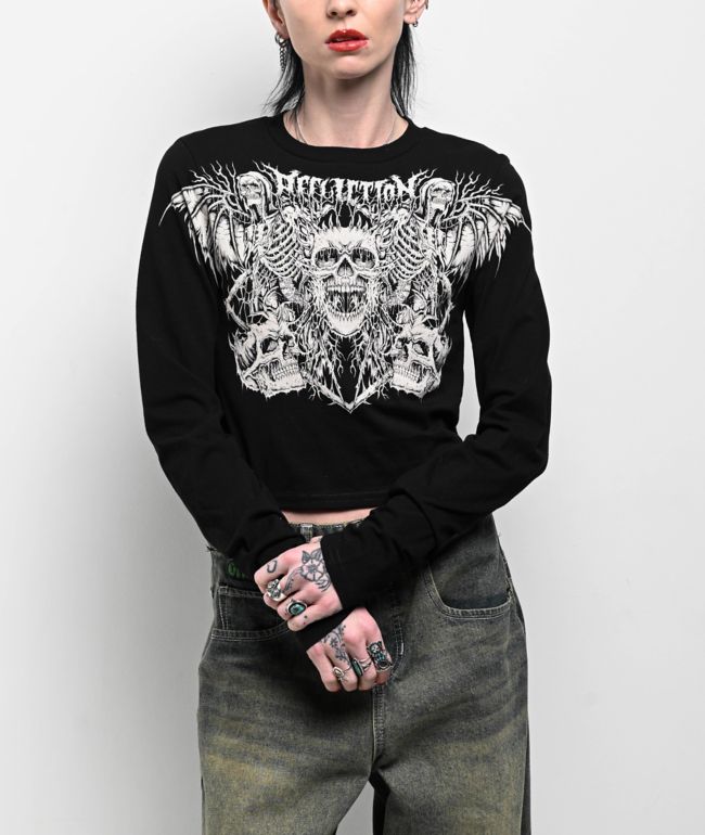 Affliction Horror Swarm Black Long Sleeve Crop T-Shirt - Affliction