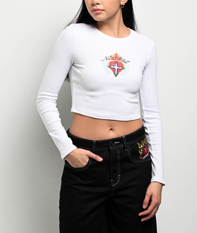 True Religion Applique Winter White Long Sleeve Crop T-Shirt