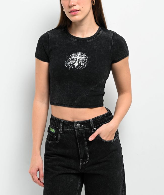 RIPNDIP Rhinestone Love You Babe キラキラ ベイビーティー RIPNDIP Love U Babe Rhinestone Black Crop T-Shirt | Zumiez